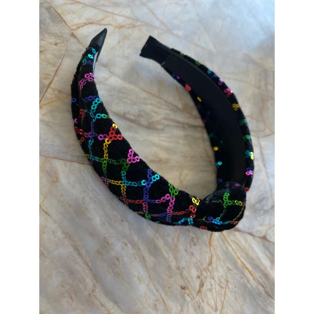 Black Velvet Rainbow Sequin Lattice Knotted Headband Top Knot Hair Accessory